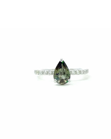 18K White Gold Alexandrite Diamond Engagement Ring - Pear Cut - R24010