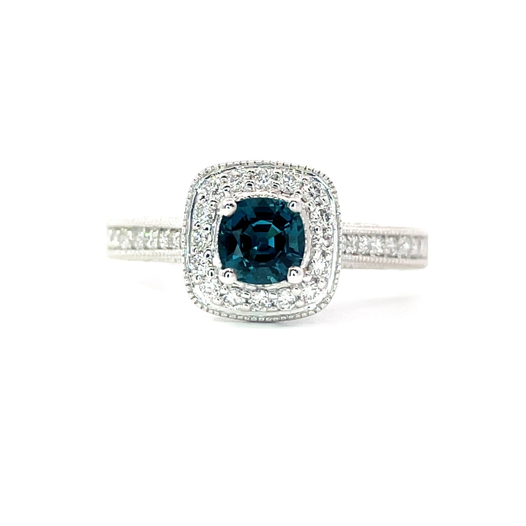 18K White Gold Indicolite Tourmaline And Diamond Engagement Ring - Round Cut - R24012