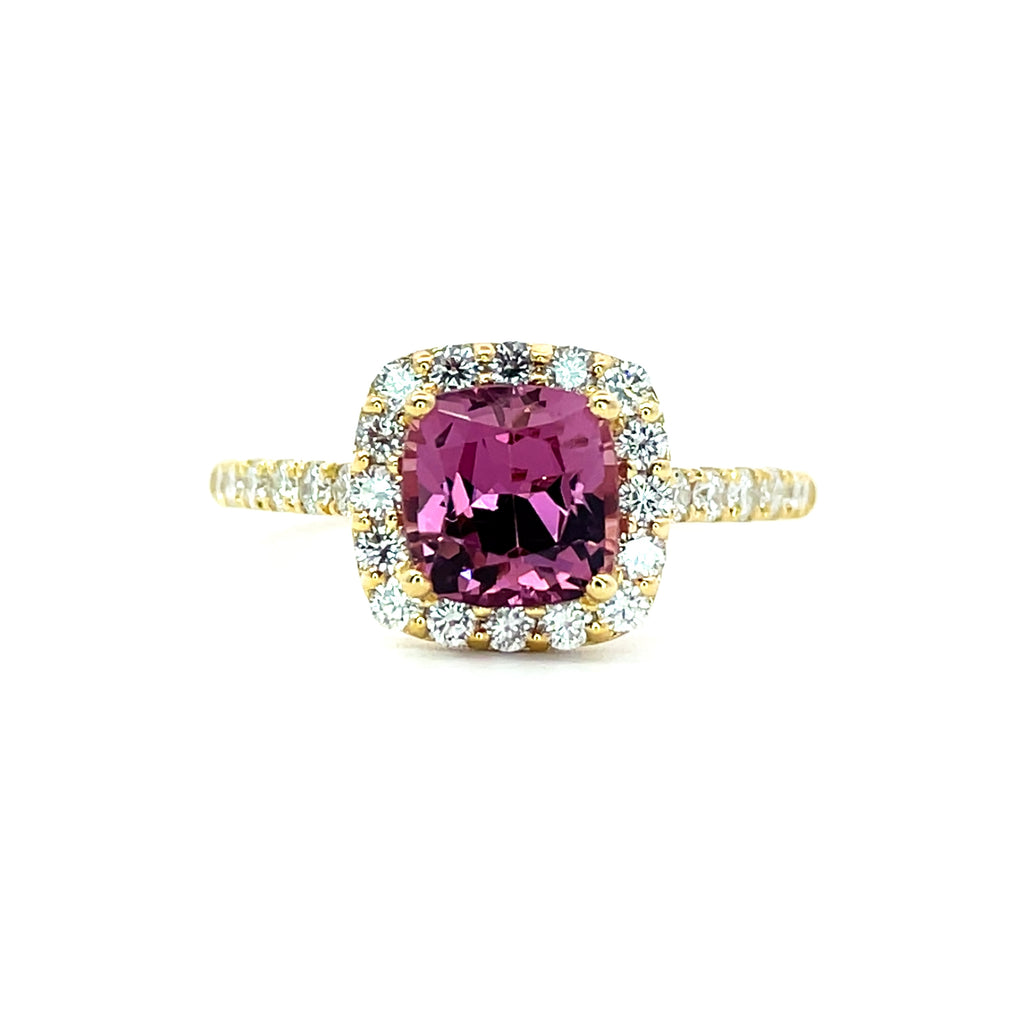 18K Yellow Gold Purple Spinel And Diamond Engagement Ring - Cushion Cut - R24029