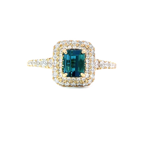 18K Yellow Gold Indicolite Tourmaline And Diamond Engagement Ring - Octagon Cut - R24032