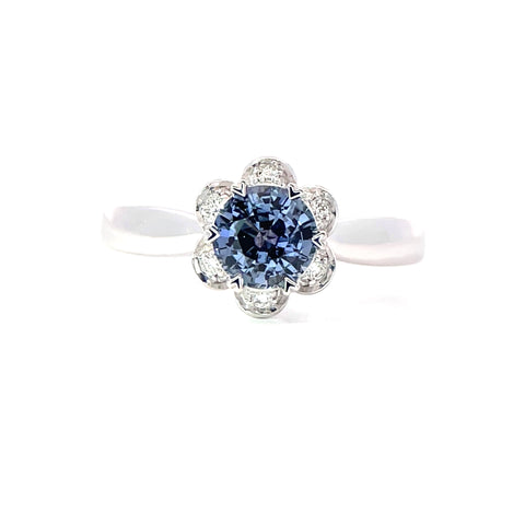 18K White Gold Blue Sapphire And Diamond Engagement Ring - Round Shape - R24039